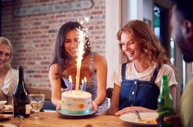 Group of friends celebrating their female friend's birthday