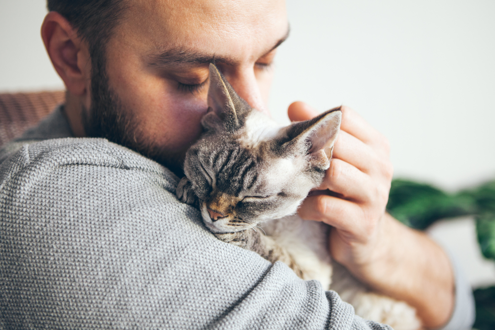 Man hugging a short-haired cat